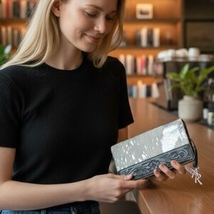 Angel Ranch Women's Wallet Tooled Leather Foil Western  Alice Black Clutch 7.5"